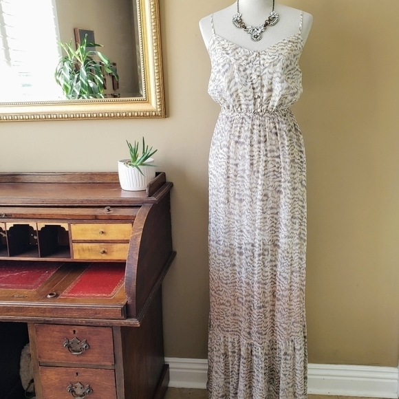 Gypsy 05 Tigra Maxi Dress Silk Tiered Leopard Print Gray Cream Size Small - Picture 1 of 9
